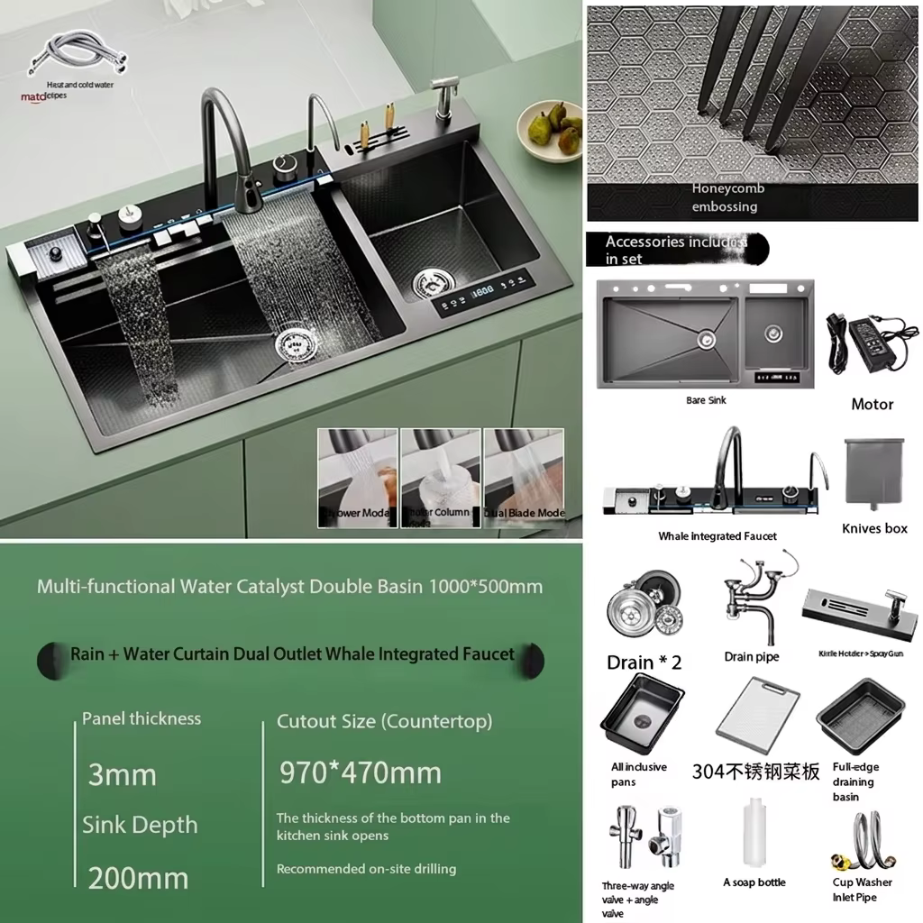 Évier de cuisine double bac en acier inoxydable 100x50CM, multifonctionnel, avec catalyseur d'eau po
