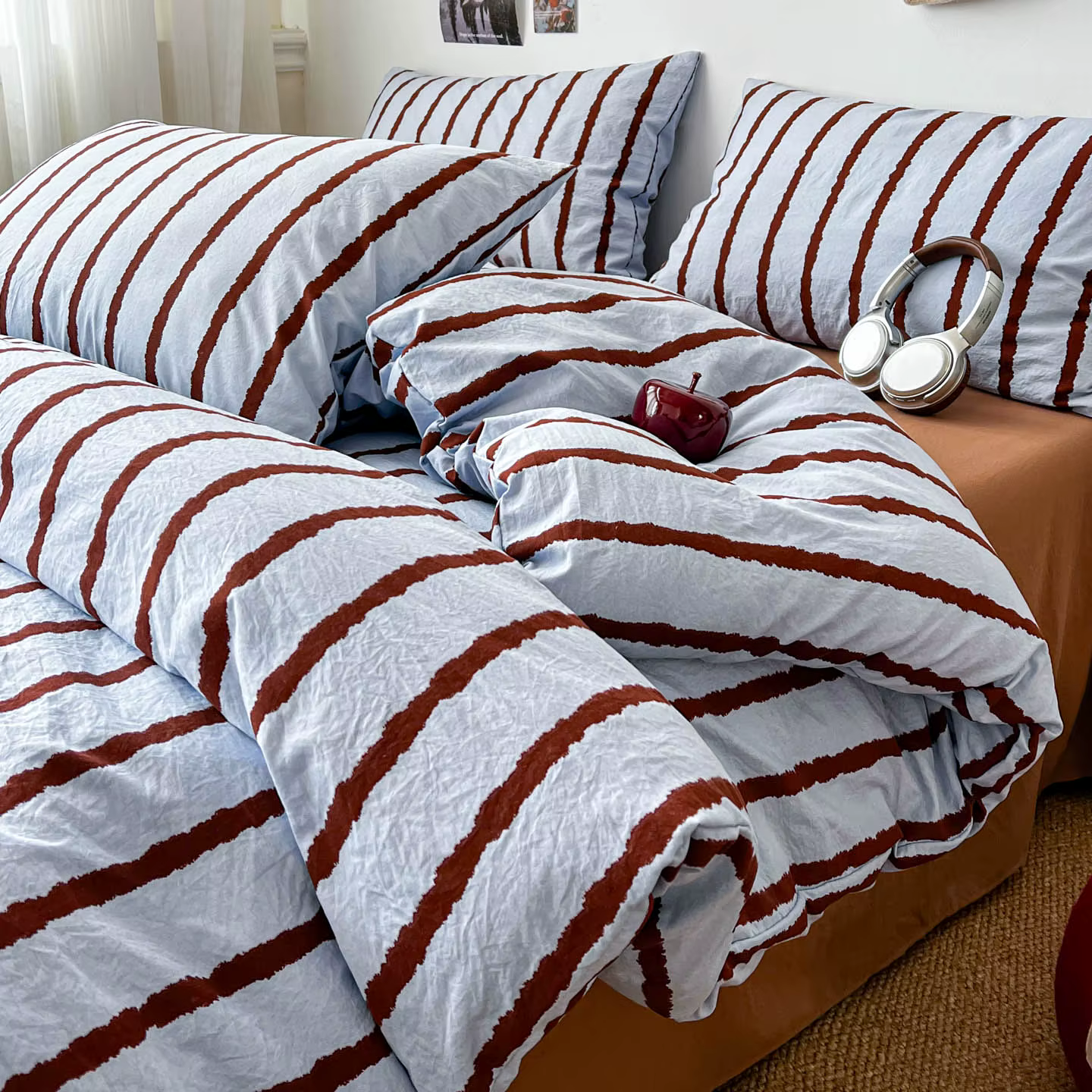 Ensemble de housse de couette rayée rose simple, 3 pièces, avec 2 taies d'oreiller, ensemble de lite