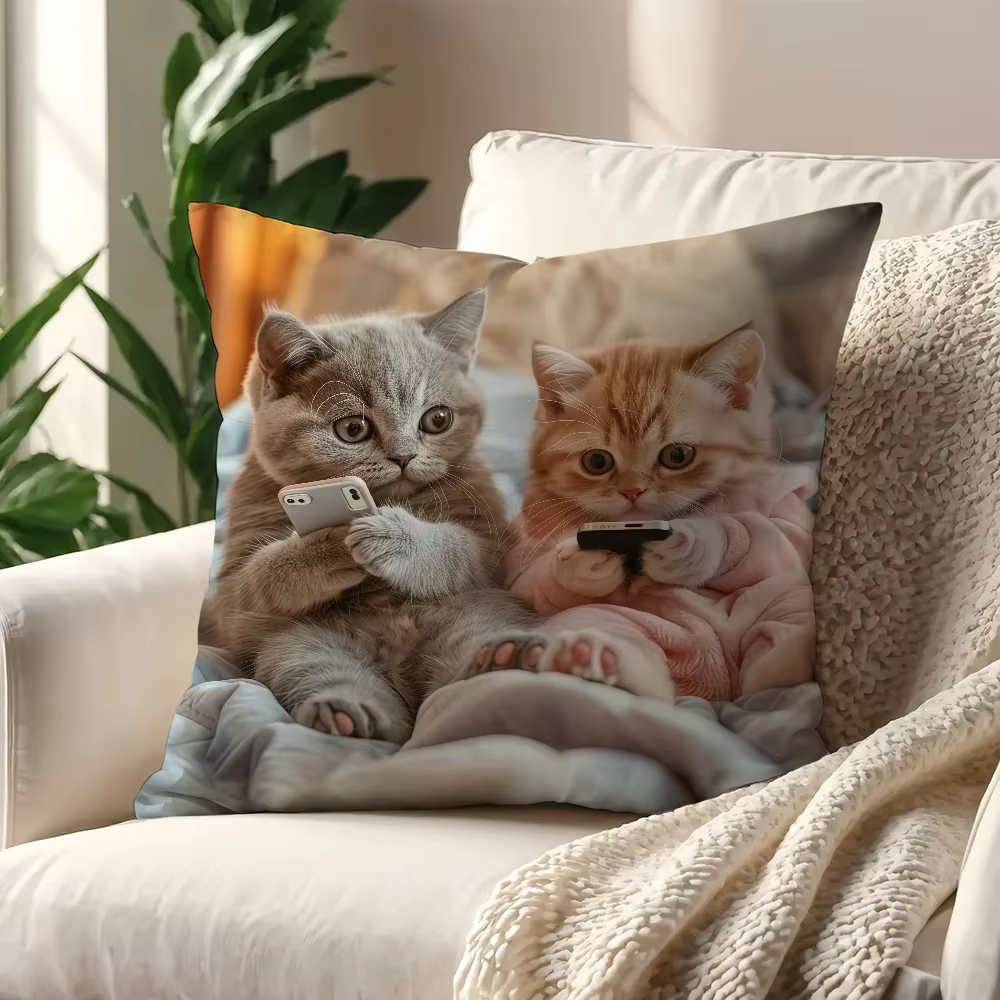 Taies d'oreiller mignonnes pour chatons utilisant un téléphone, housse de coussin pour bureau, voitu