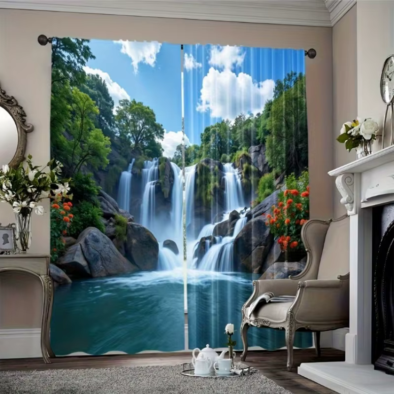 Rideau de fenêtre 3D avec cascade de montagne, 2 panneaux, imprimé de lacs clairs, d'arbres verts et