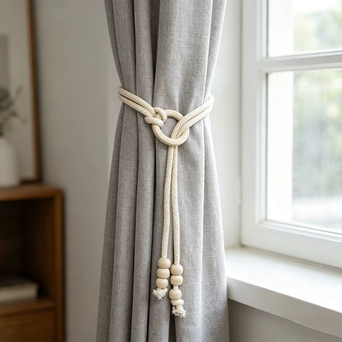 Attaches de rideau bohèmes en perles de bois, en corde de coton sans perçage (lot de 2)