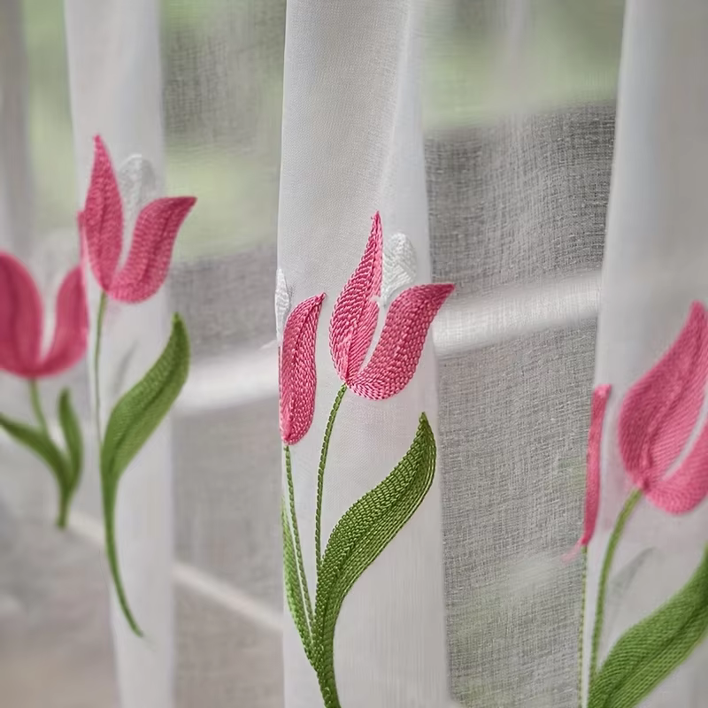 Rideau court boule brodée tulipe rose, rideau de séparation décoratif pour salon et armoire de cuisi