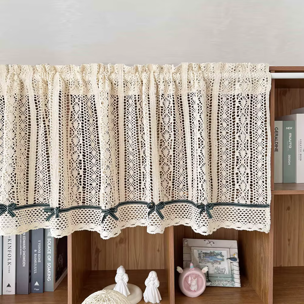 Cantonnière de rideau court en Crochet rustique avec nœud vert foncé, décoration de rideau de café d