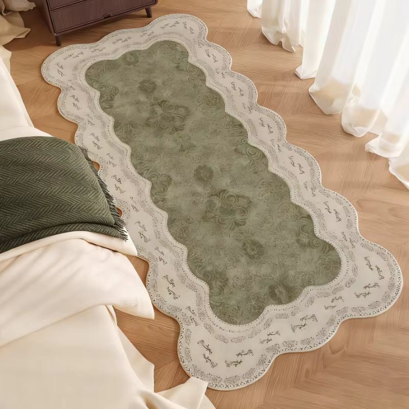 Tapis de chambre doux et confortable, tapis de sol vert à motif imprimé, tapis de chevet rectangulai