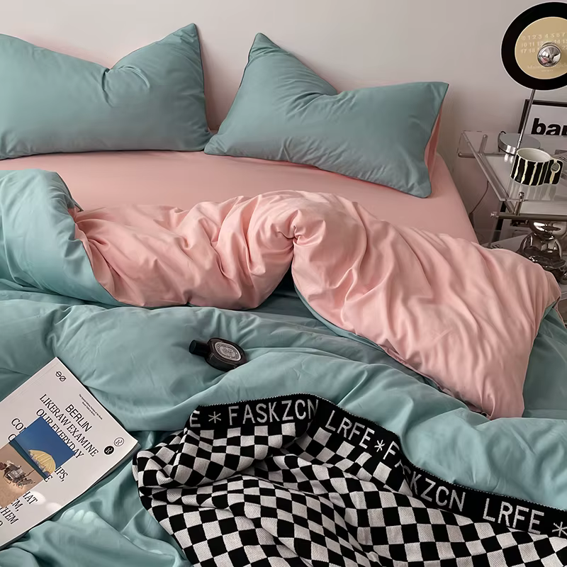 Ensemble de literie nordique 100% coton rose, housse de couette Chic, drap plat, taie d'oreiller, ho