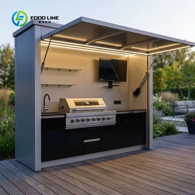 Cuisine extérieure modulaire personnalisée avec évier, barbecue et rangement, élégante, résistante à