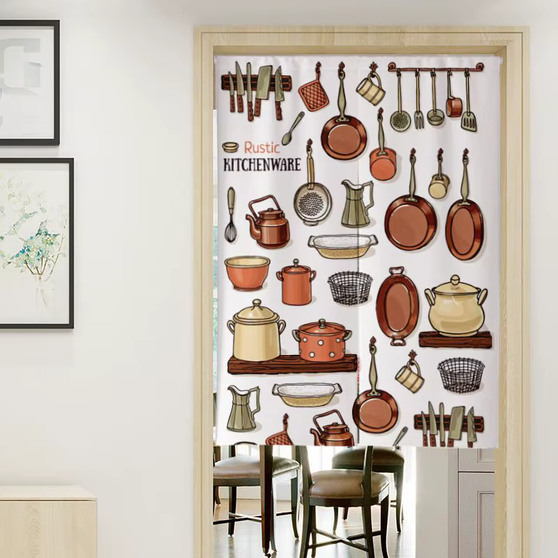 Rideau de porte Noren VIKAMA dessiné à la main, motif ustensiles de cuisine, séparateur de pièce, dé