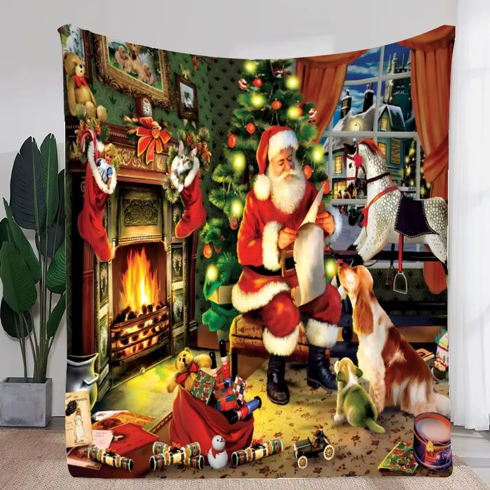 Couverture de scène de Noël confortable – Jeter de vacances rouge et vert chaud avec un père noël, u