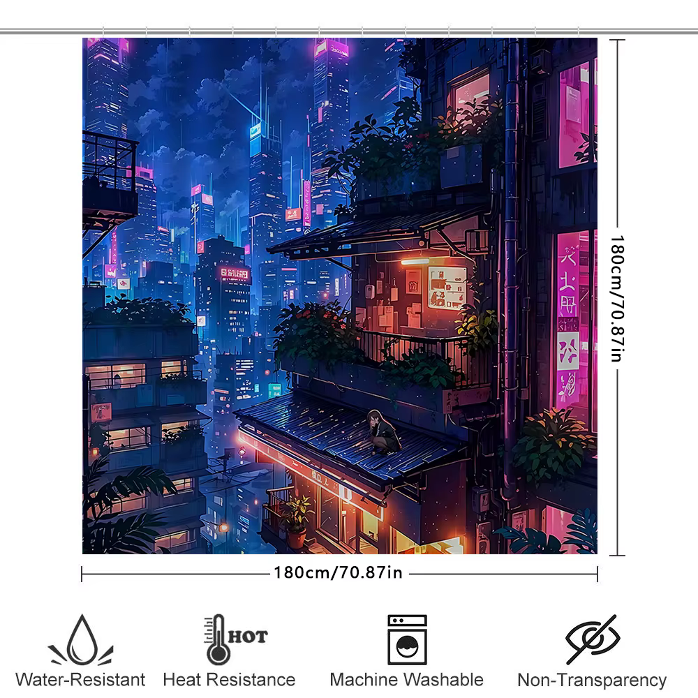 Rideau de douche Cyberpunk paysage urbain, imperméable, résistant à la chaleur, lavable en Machine, 