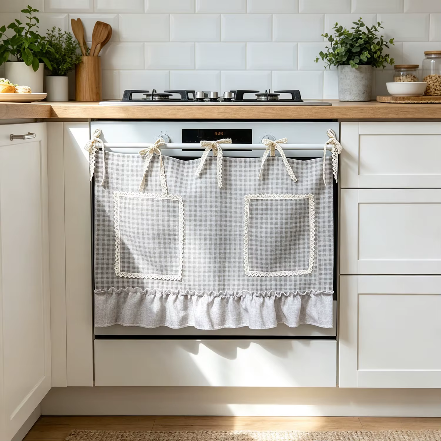 Rideau de four à carreaux, à volants en dentelle avec poches de rangement, rideaux de cuisine à noue