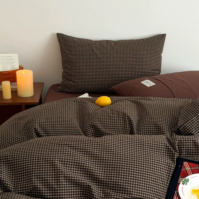 Ensemble de housse de couette en coton 100% 3 pièces, coton lavé à carreaux, housse de couette plein