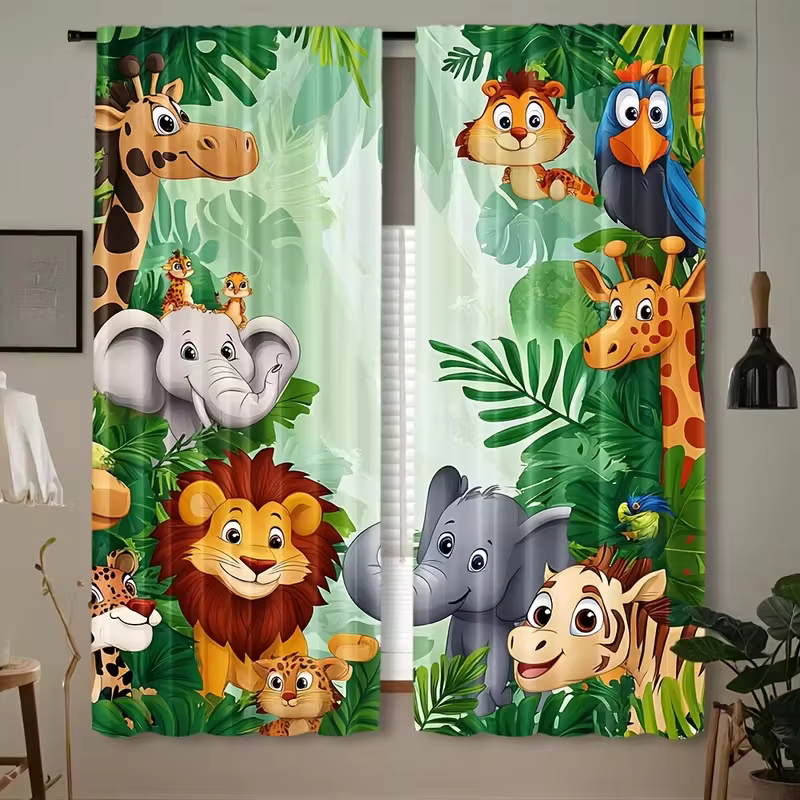 Rideaux transparents animaux de la Jungle, 2 pièces, draperies de fenêtre imprimées sur le thème Saf
