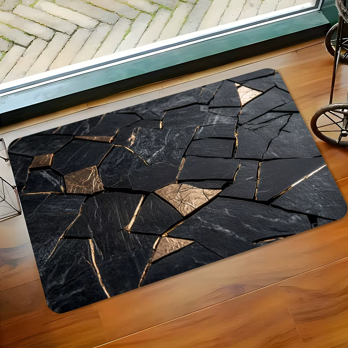 Tapis extérieur intérieur en marbre noir doré – Tapis antidérapant pour salle de bain, cuisine, salo