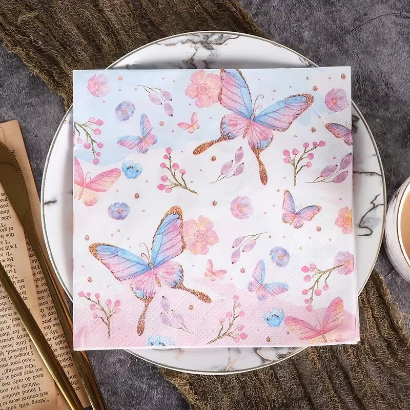 Serviettes en papier imprimées colorées, papier pliant pour verre à vin, 2 plis, pour fête d'anniver
