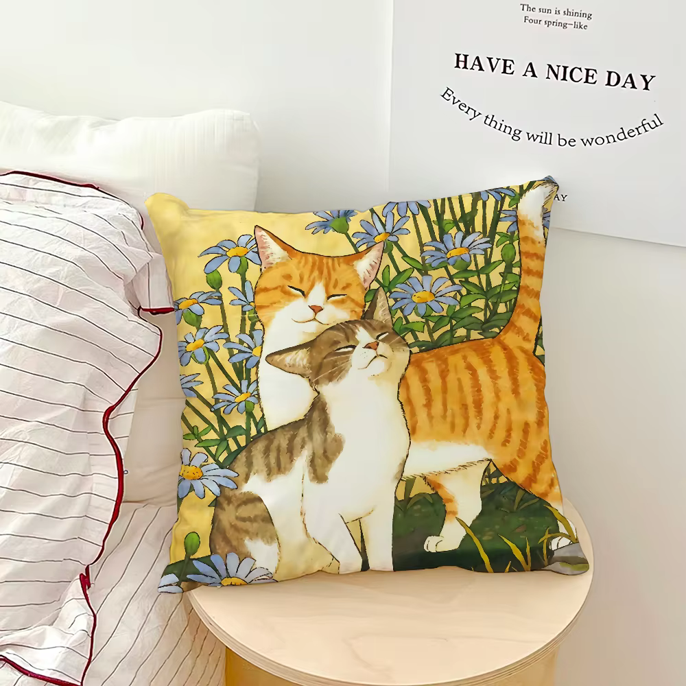 Housse de coussin motif chaton mignon et fleur, style Kawaii, pour canapé, salon, bureau, décoration