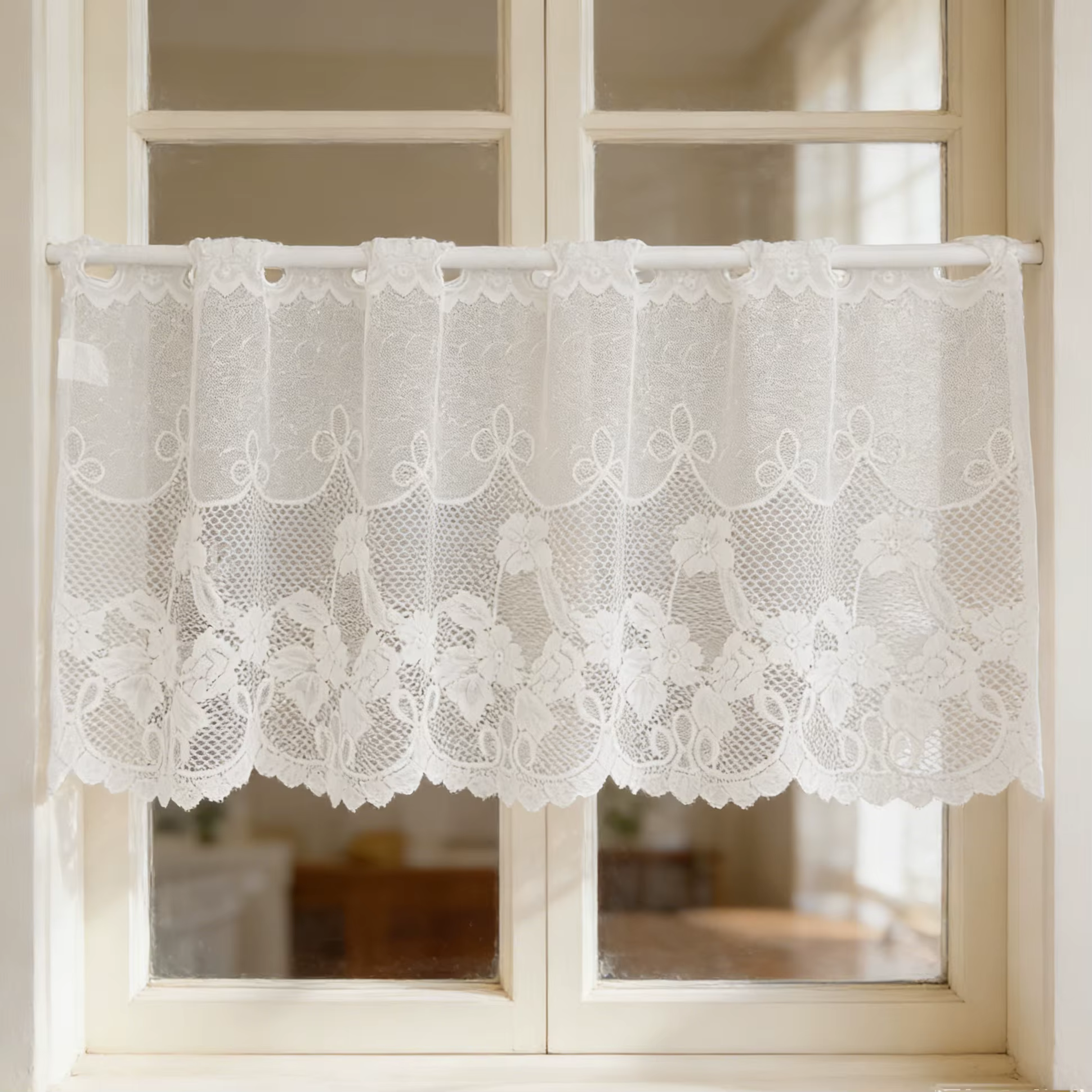 1 rideau court en dentelle de style français, motif floral jacquard exquis, semi-transparent, prêt à