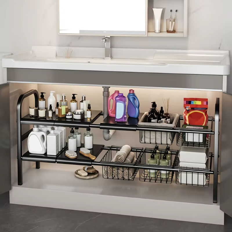 Organisateurs de sous évier de cuisine multi-usages, étagère d'armoire extensible, évaluation du sto