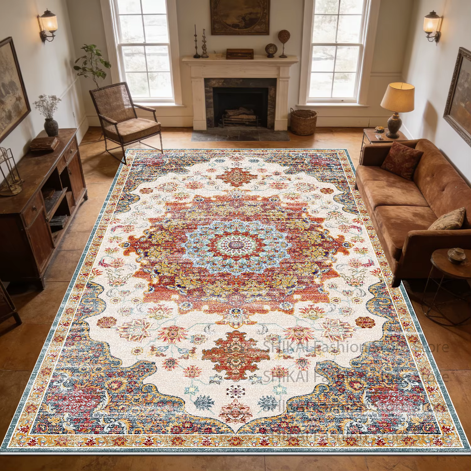 Tapis de salon rétro persan facile à nettoyer, décoration de la maison, tapis antidérapant de luxe, 