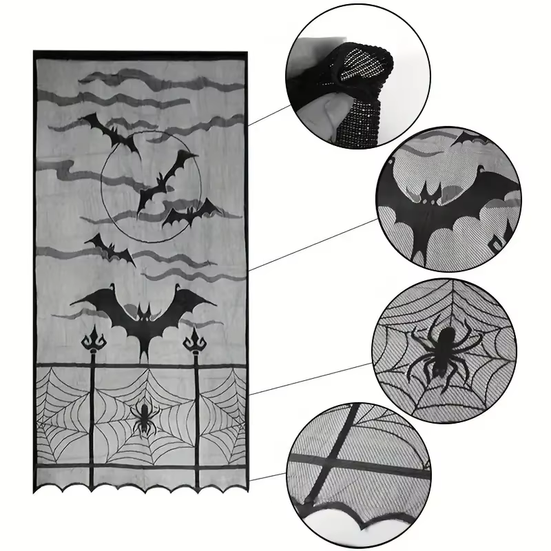 Ensemble de rideaux en dentelle d'Halloween avec motifs d'araignées noires, de sorcières, de chauves