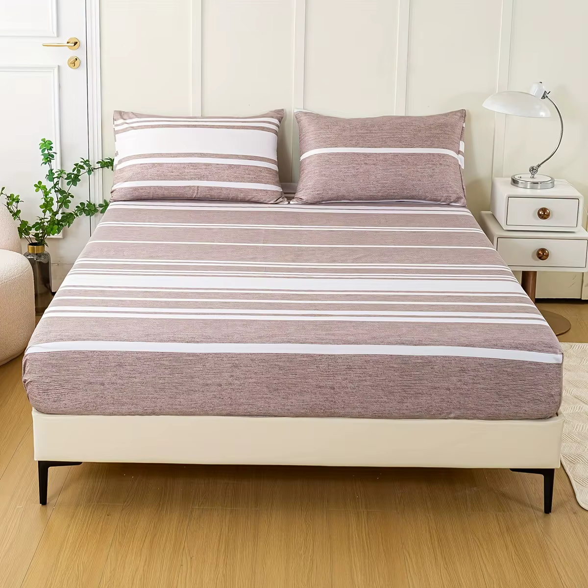 Ensemble de draps rayés 3 pièces – Luxueux, doux et respirant – comprend 1 drap-housse et 2 taies d'