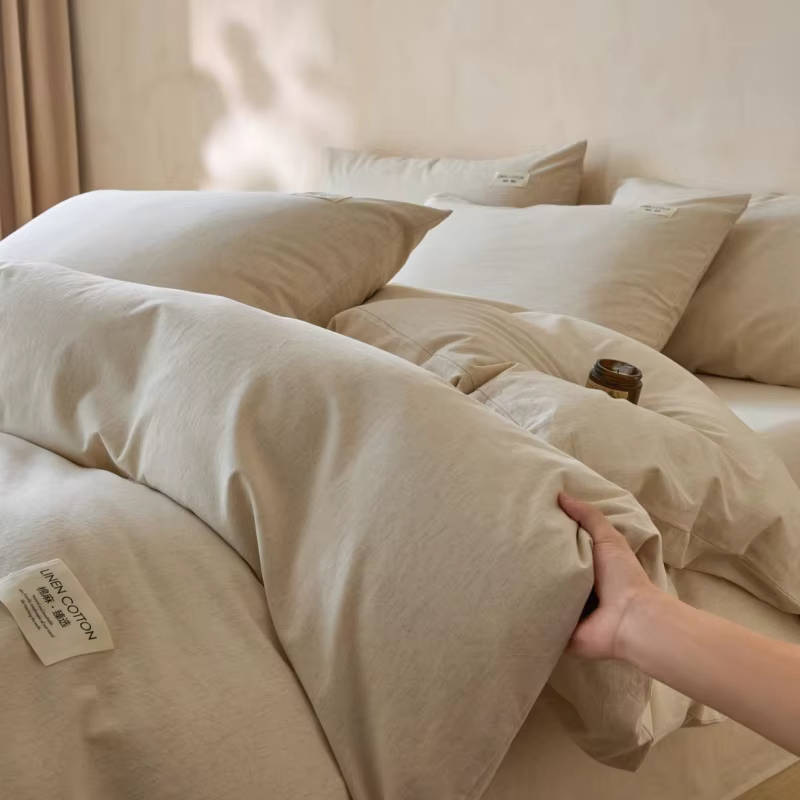 Parure de lit 4 pièces en lin et coton, ultra respirante et douce, housse de couette, drap et taies 