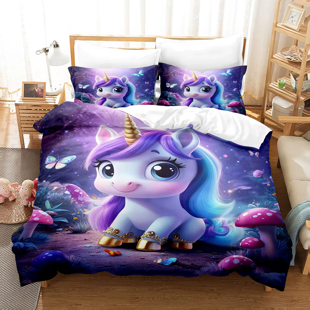 Parure de lit dessin animé licorne arc-en-ciel, housse de couette imprimée en 3D, douce pour la peau