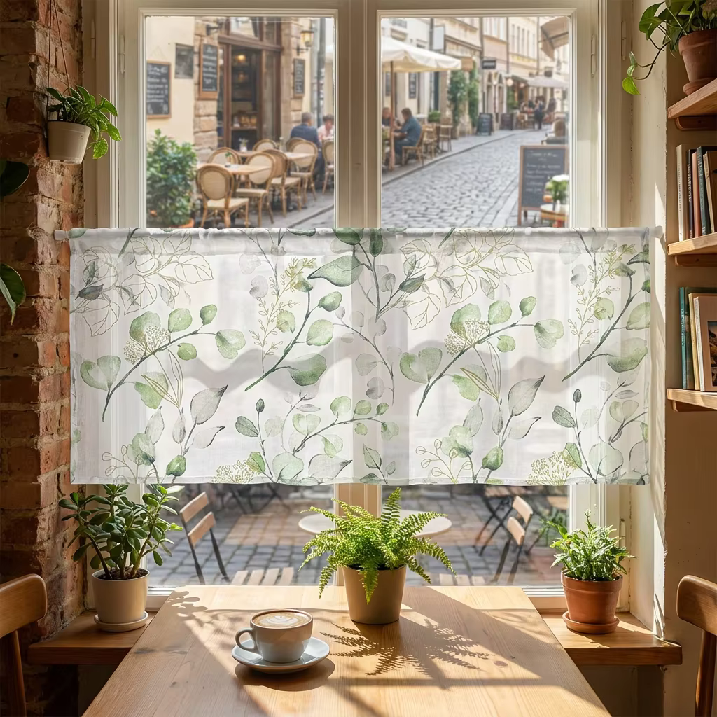 1 rideau imprimé de plantes vertes champêtres, rideaux décoratifs pour petites fenêtres, demi-rideau