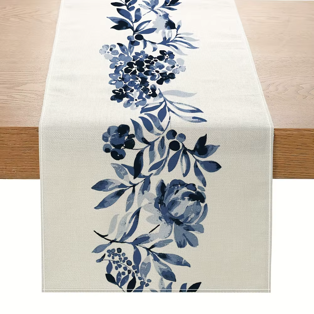Chemin de Table en lin à fleurs bleues style Boho, écharpe de commode, décor de Table de cuisine, dé