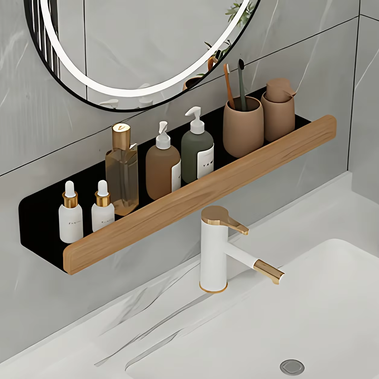 Étagère de salle de bain sans perçage, structure en bois naturel durable, gain de place, idéale pour