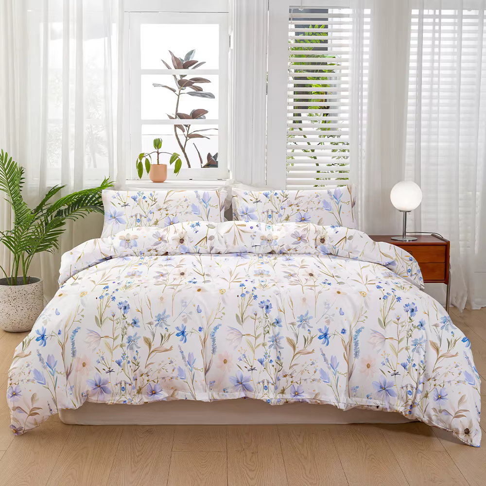 Ensemble de housse de couette à fleurs sauvages Blue Meadow, 3 pièces, doux et respirant, universel 