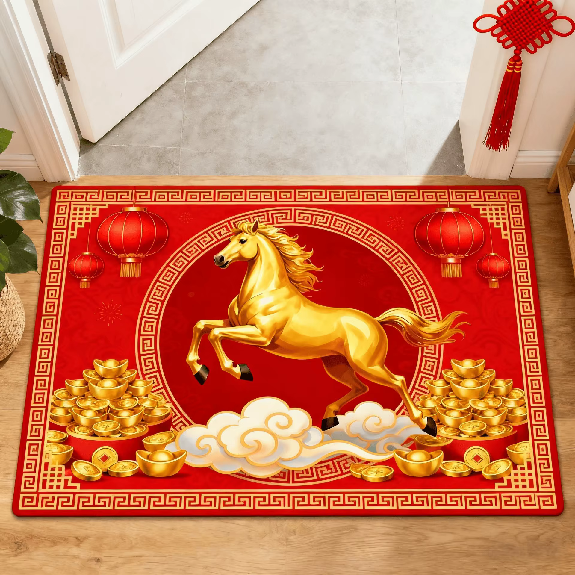 Chinese Style Carpet Red Horse Pattern Carpet Chinese New Year Living Room Entrance Non Slip Mat Hom