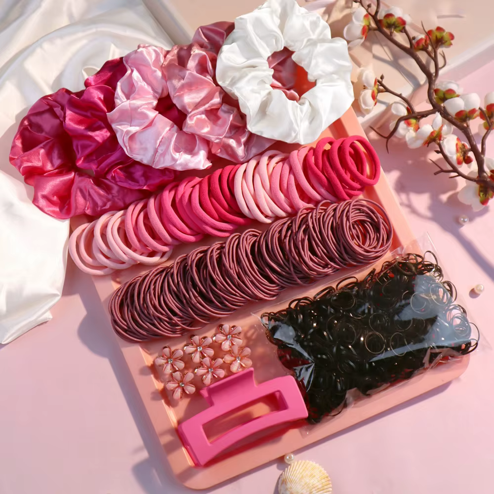 Ensemble d'accessoires pour cheveux roses à la mode pour femmes, porte-queue de cheval sans couture,