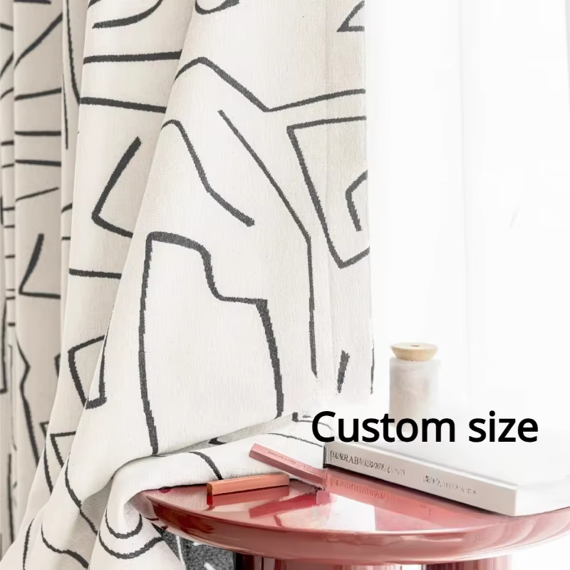 Rideaux en chenille personnalisés à motifs de lignes françaises en noir et blanc pour salon, salle à