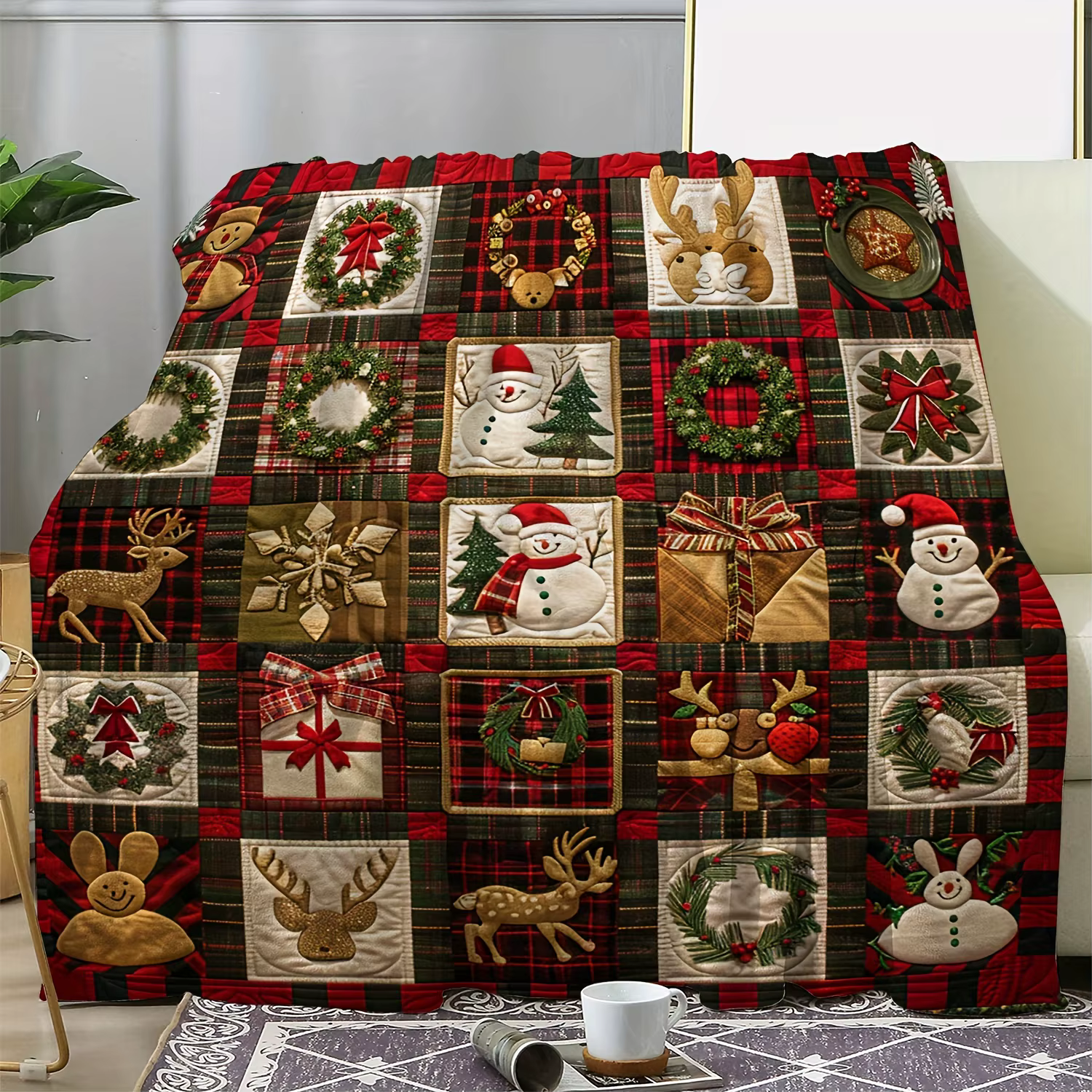 Couverture de Noël festive et confortable – Couronne d'inspiration vintage, bonhomme de neige, renne