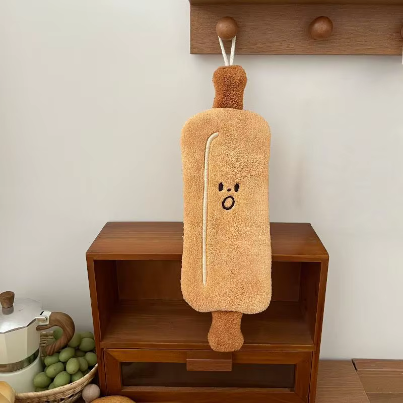 Serviette à main en forme de pain Kawaii, épaisse et absorbante, en polaire corail, à suspendre, pou