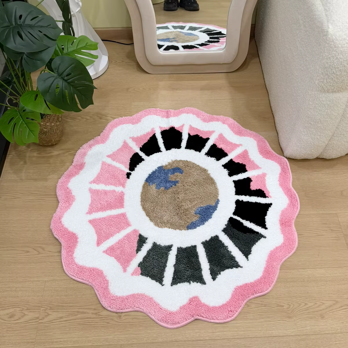 Tapis touffeté à motif de Globe créatif, tapis moelleux à bord d'éventail en blocs de couleurs, tapi