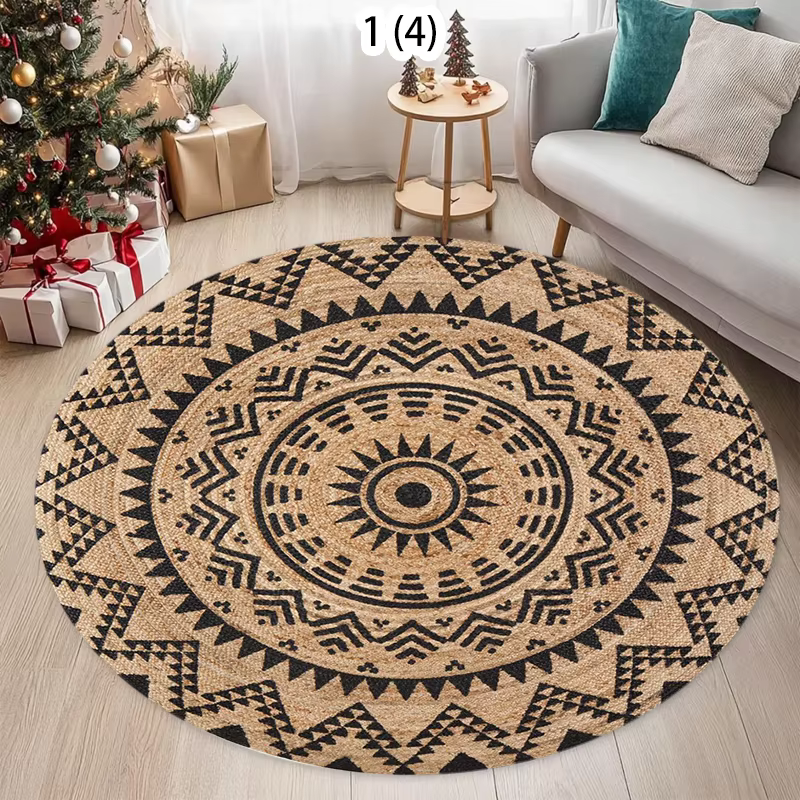 Tapis rond tissé à motif géométrique, style ethnique, antidérapant et durable, pour salon, chambre à