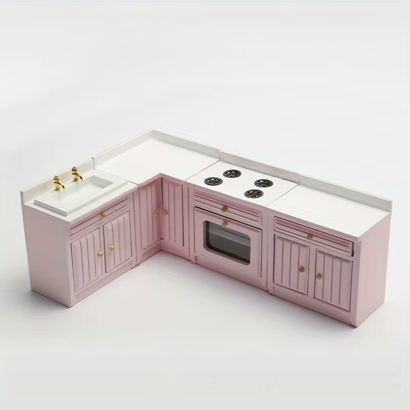 Playdoll House Ensemble de cuisine de meubles miniatures avec armoire et évier en bois rose