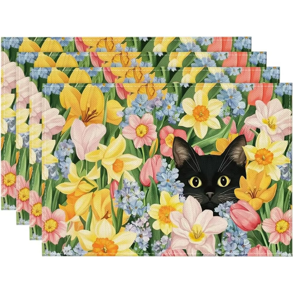 Napperons de table saisonniers motif tulipes et chats, 12x18 pouces, pour l'été, les fêtes, la cuisi