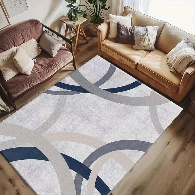 Tapis abstrait minimaliste gris-bleu à courbes entrelacées, antidérapant, doux, pour salon moderne, 