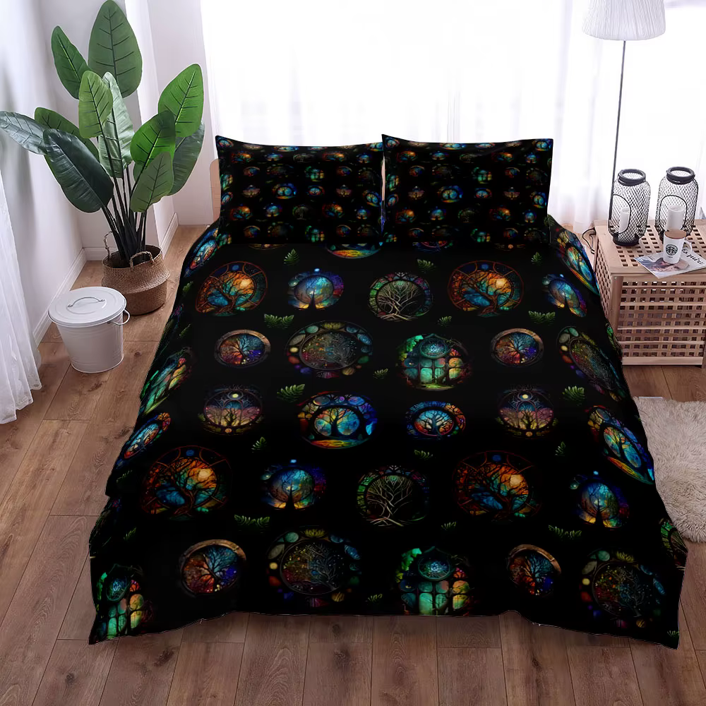 Celestial Yggdrasil-Ensemble de housse de lit en lin pour adultes et adultes, Celtic athlon, King, Q