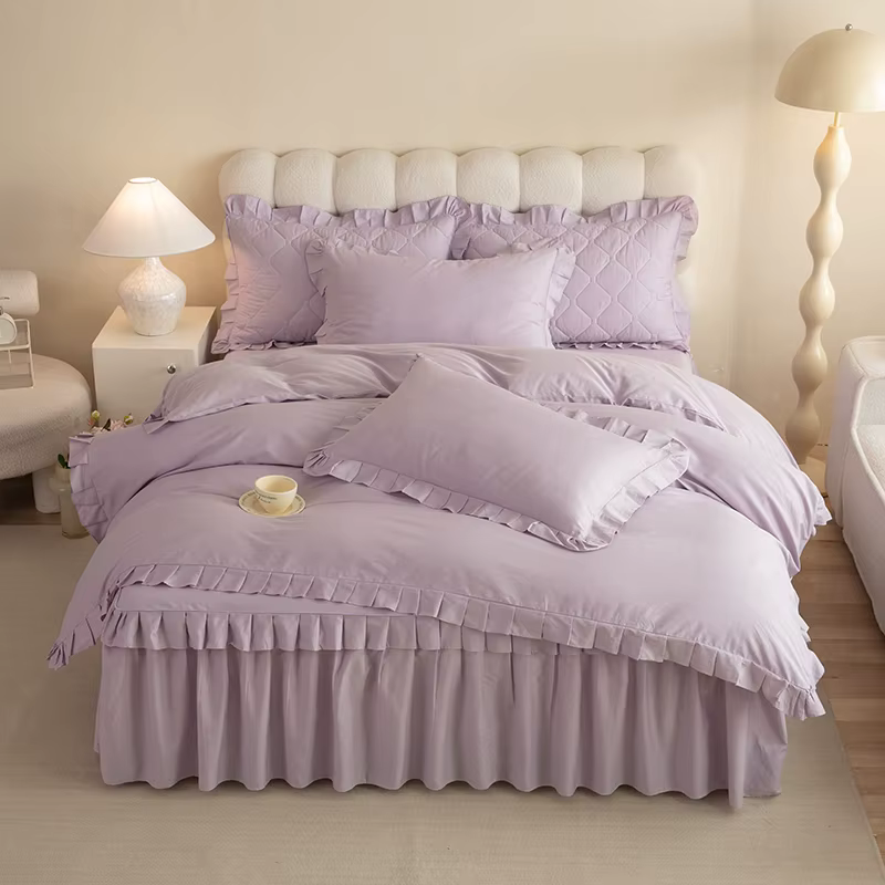 Ensemble de quatre jupes de lit entièrement en coton, couleur unie, housse de couette Simple en dent