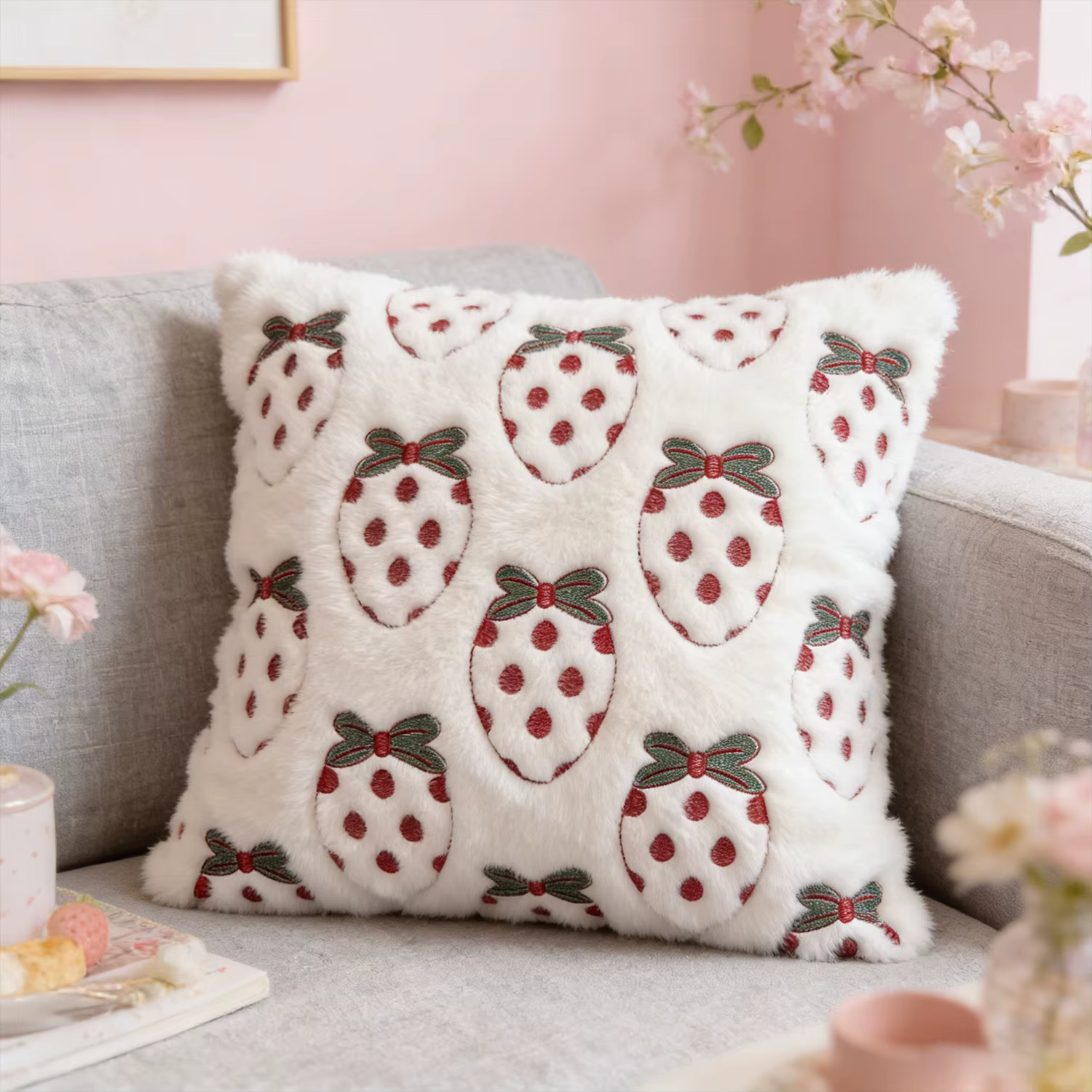 Housse de coussin en peluche brodée cerise fraise, douce et veloutée, pour une décoration intérieure