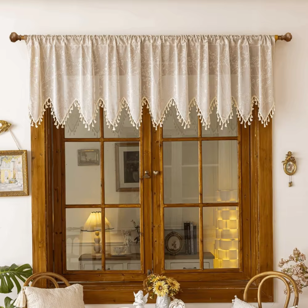 Rideaux de fenêtre en tulle style rustique pour l'été, pare-soleil, avec bord triangulaire en dentel