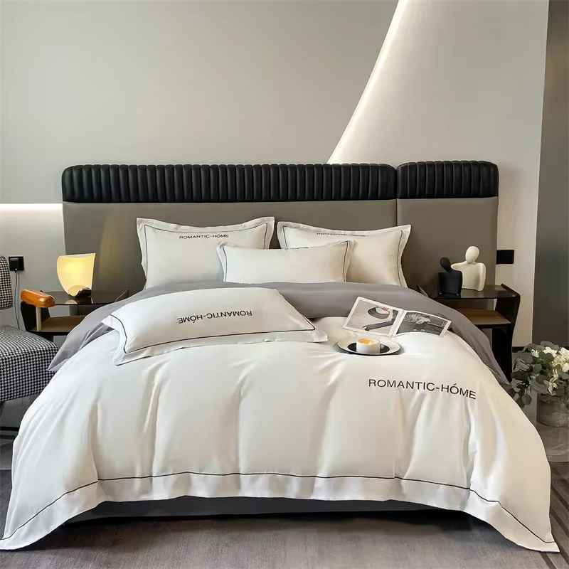 Parure de lit quatre en pur coton à longues fibres, drap et housse de couette entièrement en coton m