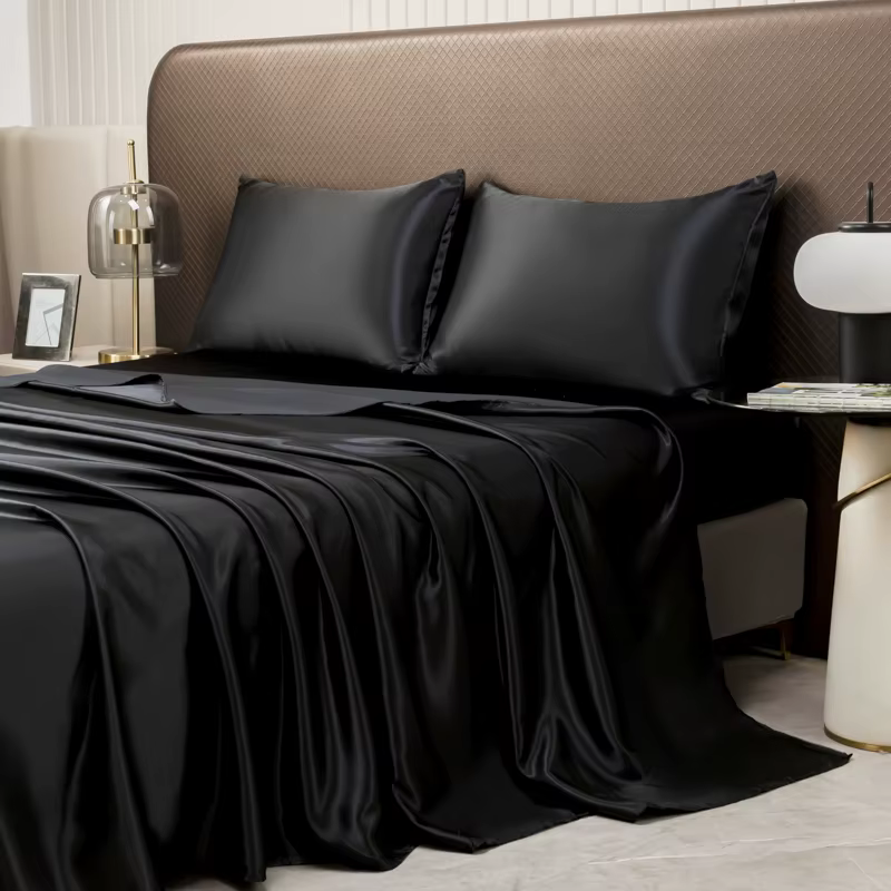 Parure de lit en satin de couleur unie opulente, comprend un drap plat, un drap-housse, des taies d'