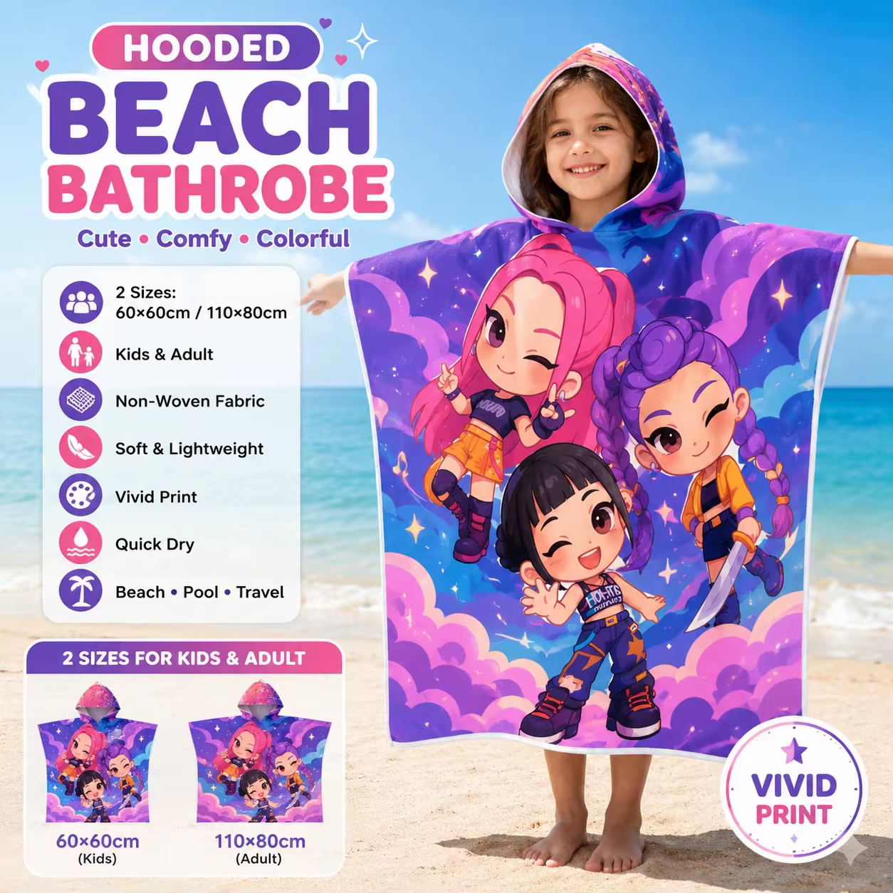 Serviette de plage poncho à capuche, motif galaxie violette, fille anime kawaii, en microfibre douce