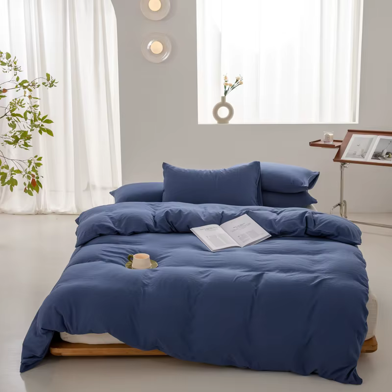 Parure de lit 3 pièces en coton lavé, couleur unie, housse de couette avec taie d'oreiller, housse d