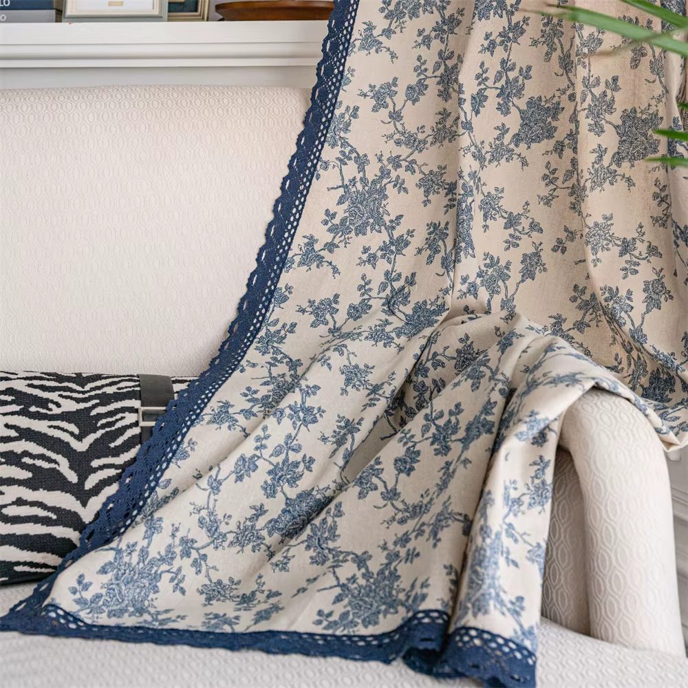 Rideaux à motifs floraux pour salon et chambre à coucher, rideaux en lin à bordure en dentelle, drap