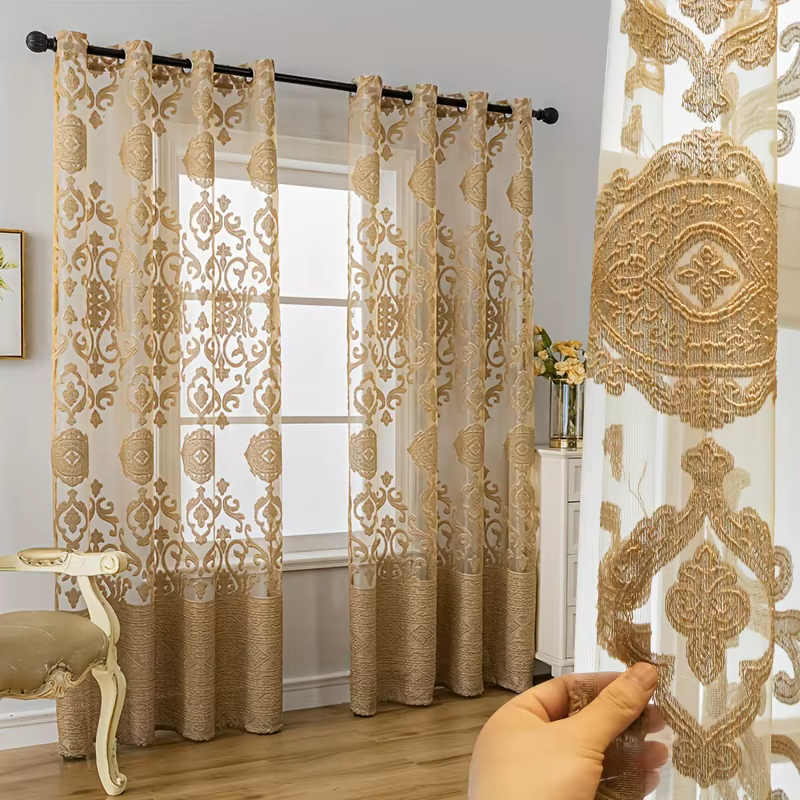1 rideau transparent gaufré 3D kaki, motif cour européenne, voile filtrant la lumière, rideaux prêts